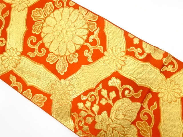 アンティーク　亀甲に菊唐草模様織り出し袋帯（着用可）